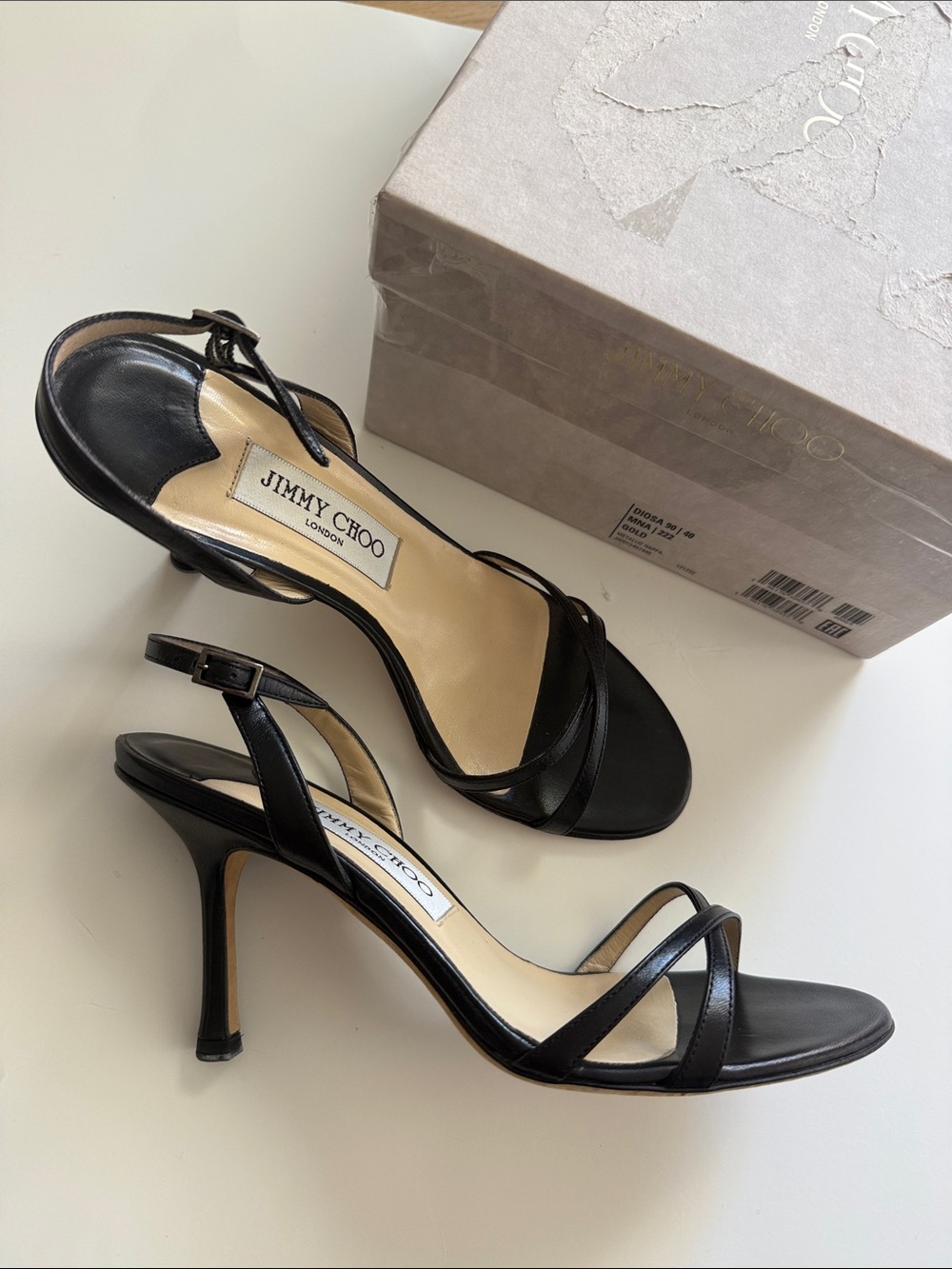 Jimmy Choo black simple sandal 7.5 leather sole heel approx 3.5”